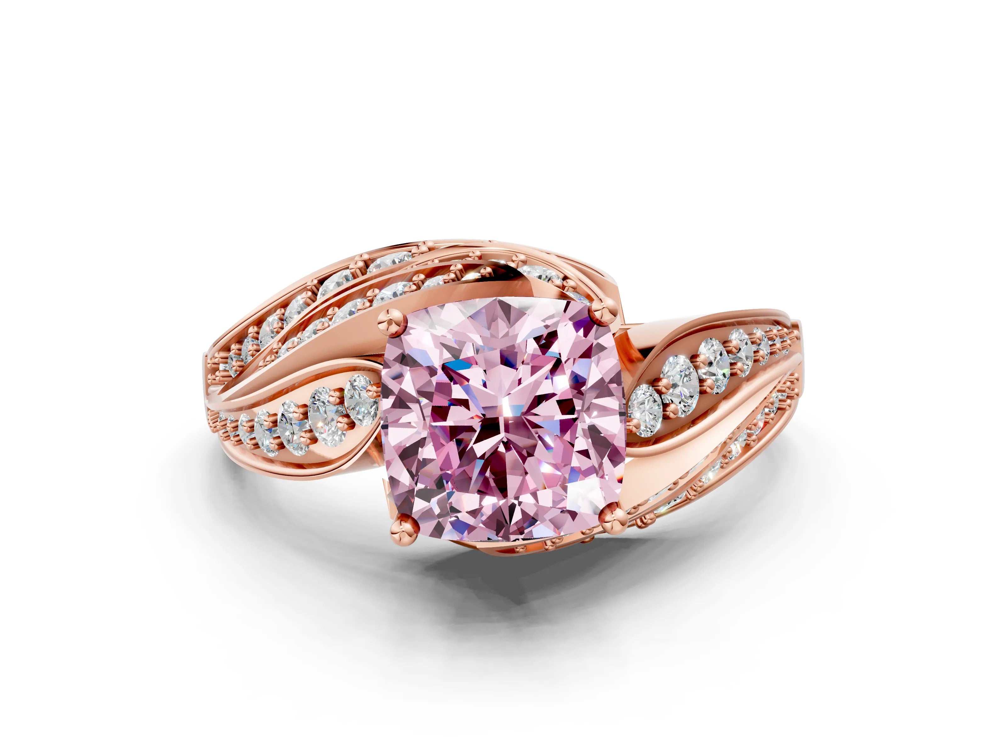 Rose gold Fancy Pink Cushion Cut Diamond Solitaire Ring with Prong Setting and Twisted Pavé Band