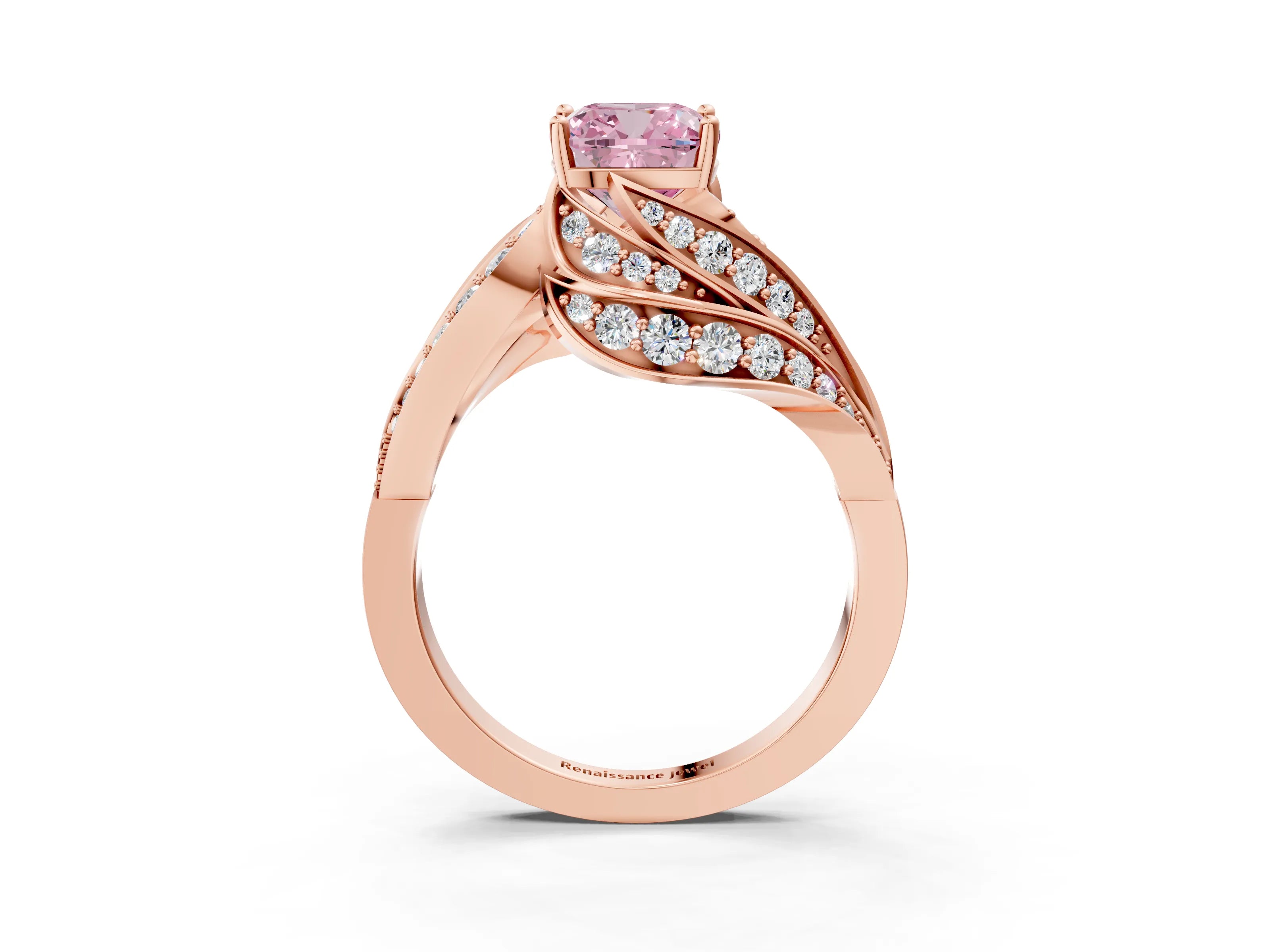 Rose gold Fancy Pink Cushion Cut Diamond Solitaire Ring with Prong Setting and Twisted Pavé Band_3