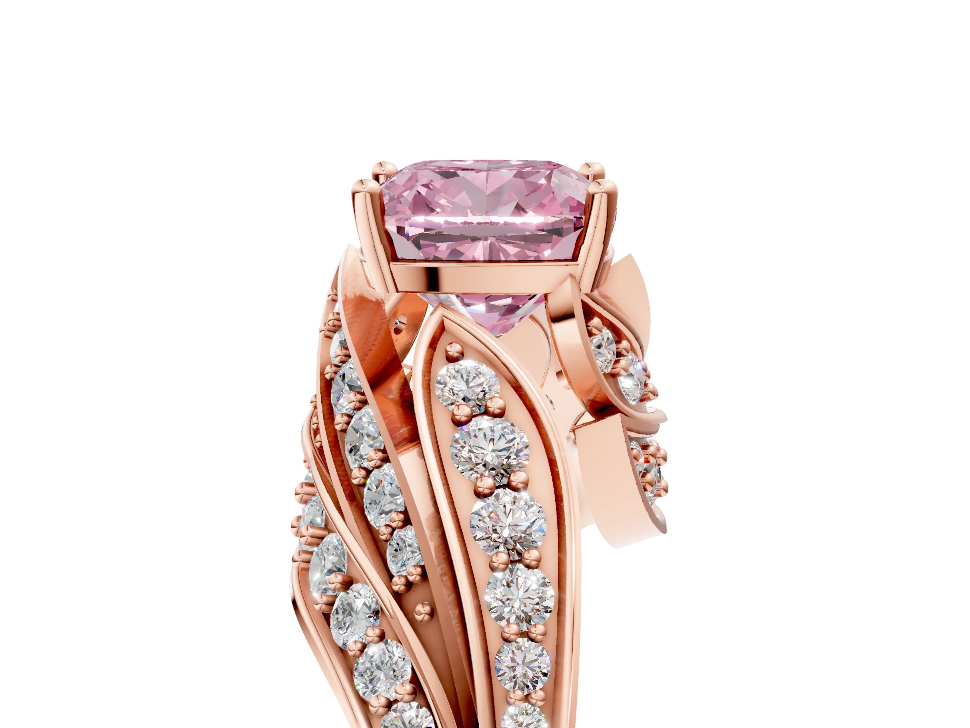 Rose gold Fancy Pink Cushion Cut Diamond Solitaire Ring with Prong Setting and Twisted Pavé Band_5