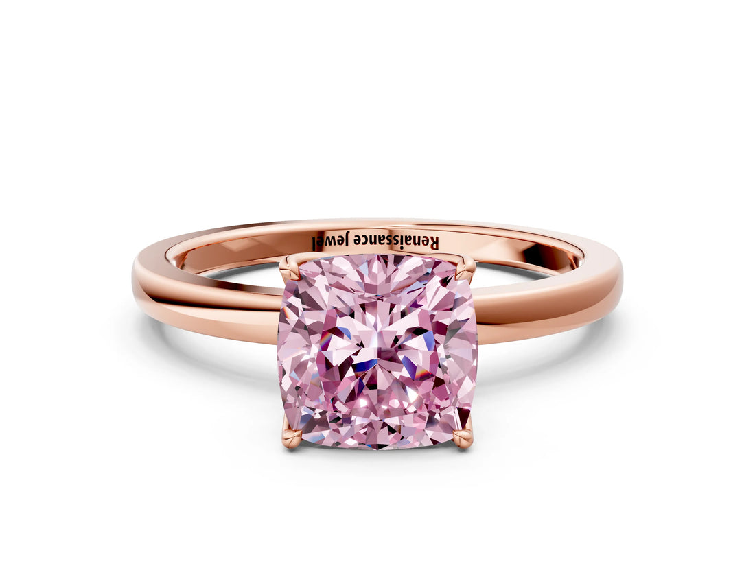 Rose gold Fancy Pink Cushion Cut Diamond Solitaire Ring with Thin Band and Prong Setting_12