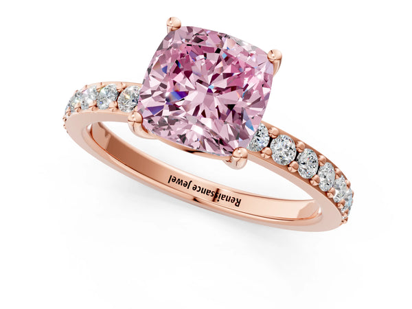 Rose gold Fancy Pink Cushion  Cut Diamond Solitaire with Pave Band and Four-Prong Setting