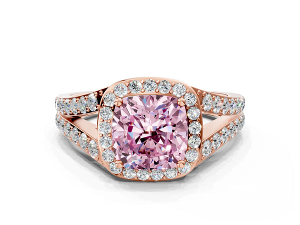 Rose Gold Cushion Cut Halo Engagement Ring Setting for Fancy Pink Center with Narrow Pave Split Shank