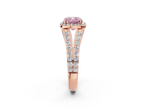 Rose Gold Cushion Cut Halo Engagement Ring Setting for Fancy Pink Center with Narrow Pave Split Shank