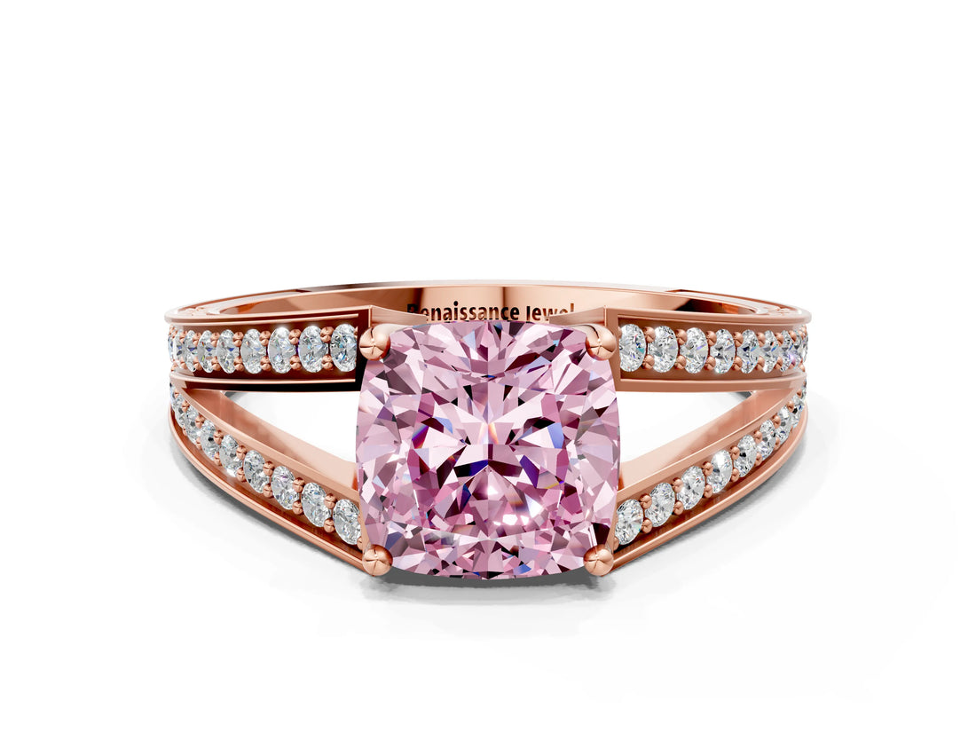 Rose gold Fancy Pink Cushion Cut Diamond Split Shank Ring with Pavé Band and Four-Prong Setting_44