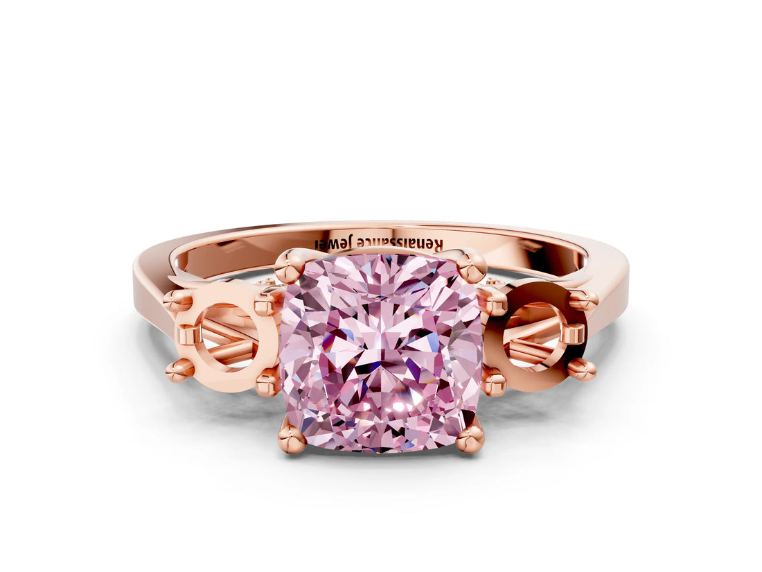 Rose gold Fancy Pink Cushion Cut Diamond Three-Stone Engagement Ring with Prong Setting and Pavé Band