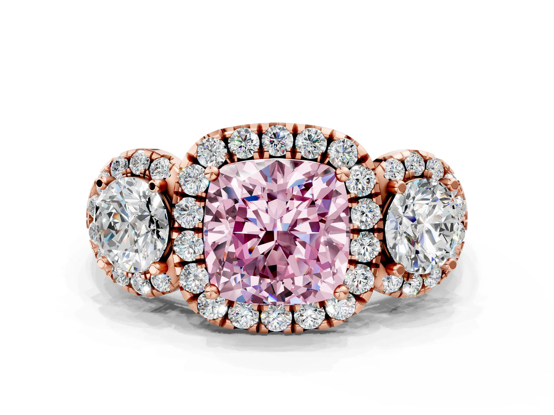 Rose gold Fancy Pink Cushion Cut Diamond Three-Stone Halo Ring with Prong Setting and Pavé Accents