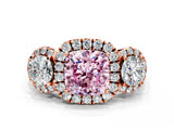 Rose gold Fancy Pink Cushion Cut Diamond Three-Stone Halo Ring with Prong Setting and Pavé Accents