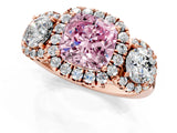 Rose gold Fancy Pink Cushion Cut Diamond Three-Stone Halo Ring with Prong Setting and Pavé Accents_1