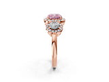 Rose gold Fancy Pink Cushion Cut Diamond Three-Stone Halo Ring with Prong Setting and Pavé Accents_2
