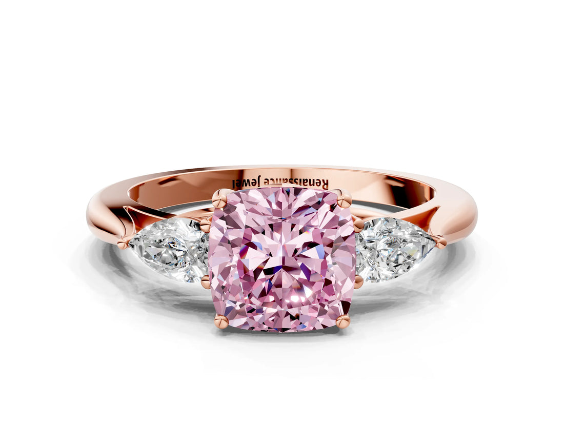 Rose gold Fancy Pink Cushion Cut Diamond Three-Stone Ring with Pear Side Stones and Four-Prong Setting_60