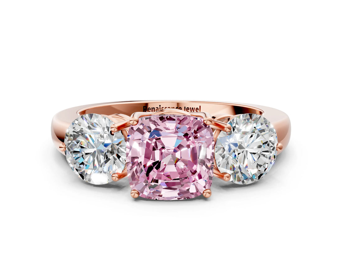 Rose gold Fancy Pink Cushion Cut Diamond Three-Stone Ring with Prong Setting and Classic Band_110