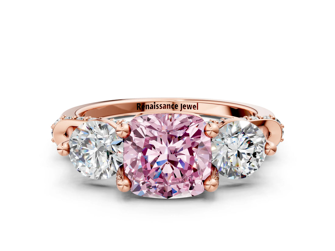 Rose gold Fancy Pink Cushion Cut Diamond Three-Stone Ring with Prong Setting and Pavé Band