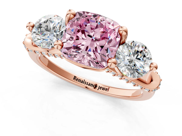 Rose Gold Cushion Cut Curved Pave Three Stone Engagement Ring Setting for Fancy Pink Center