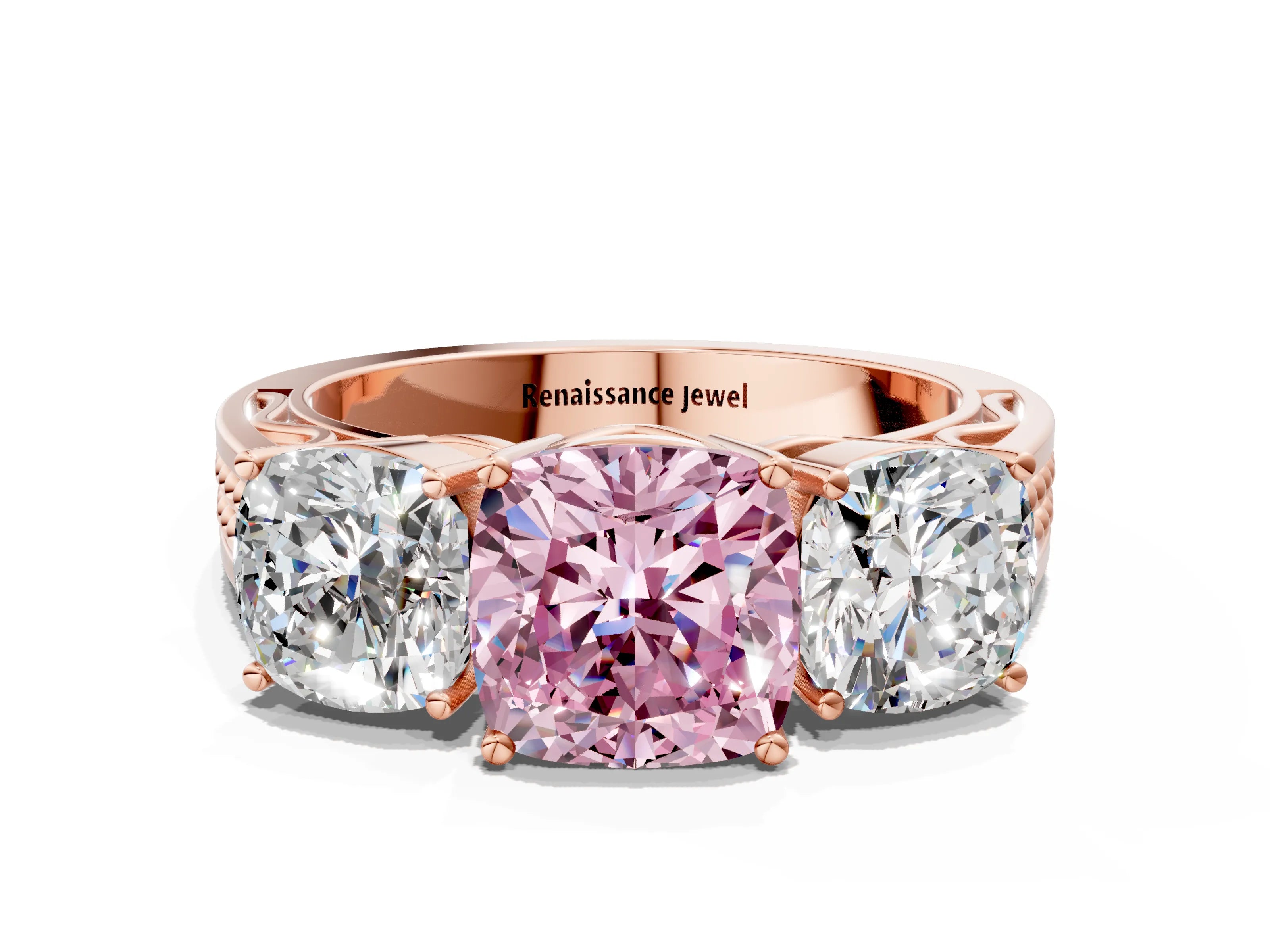 Rose gold Fancy Pink Cushion Cut Diamond Three-Stone Ring with Prong Setting and Textured Band