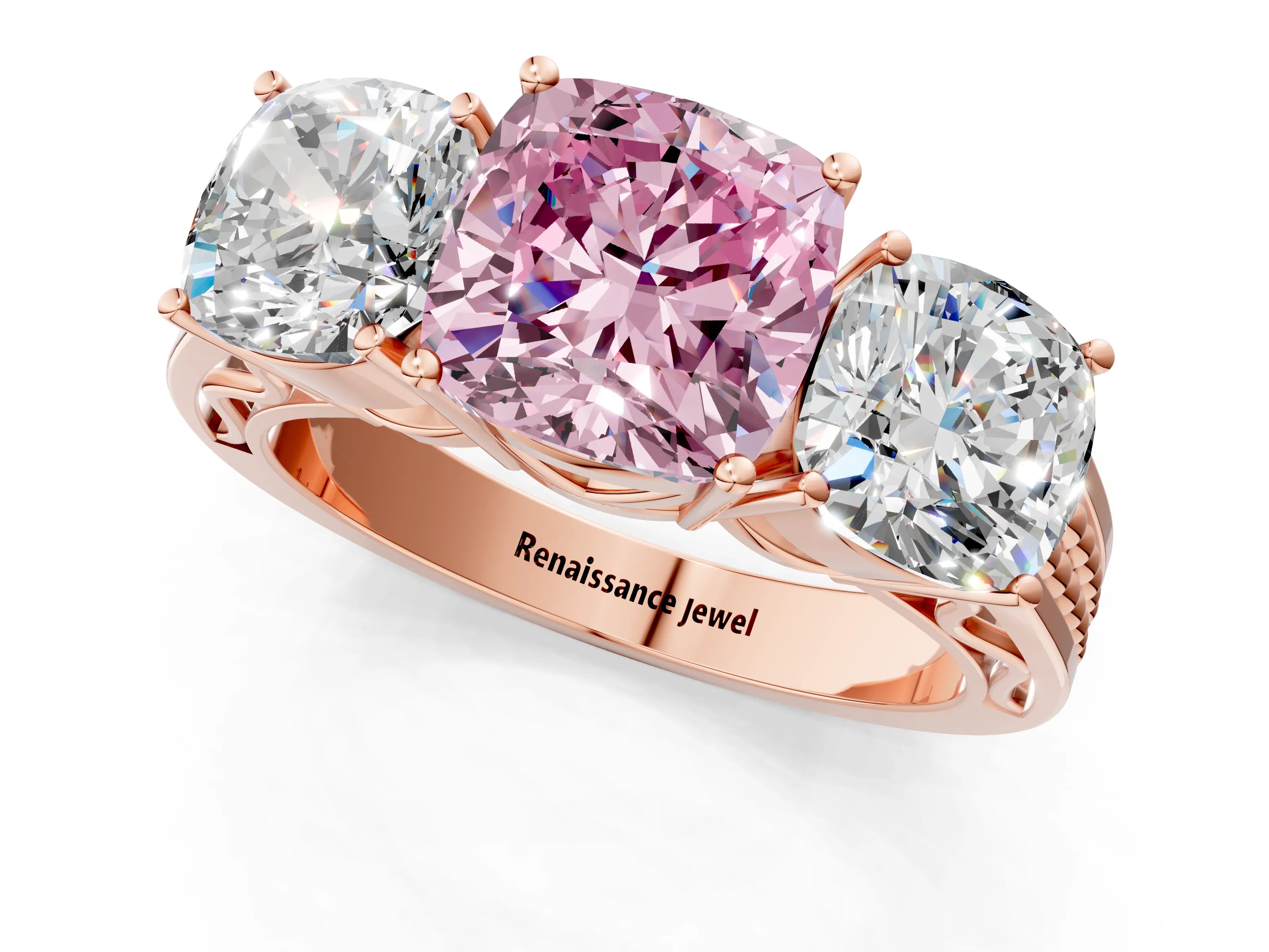 Rose gold Fancy Pink Cushion Cut Diamond Three-Stone Ring with Prong Setting and Textured Band_1