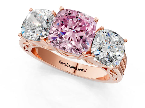 Rose gold Fancy Pink Cushion Cut Diamond Three-Stone Ring with Prong Setting and Textured Band_1