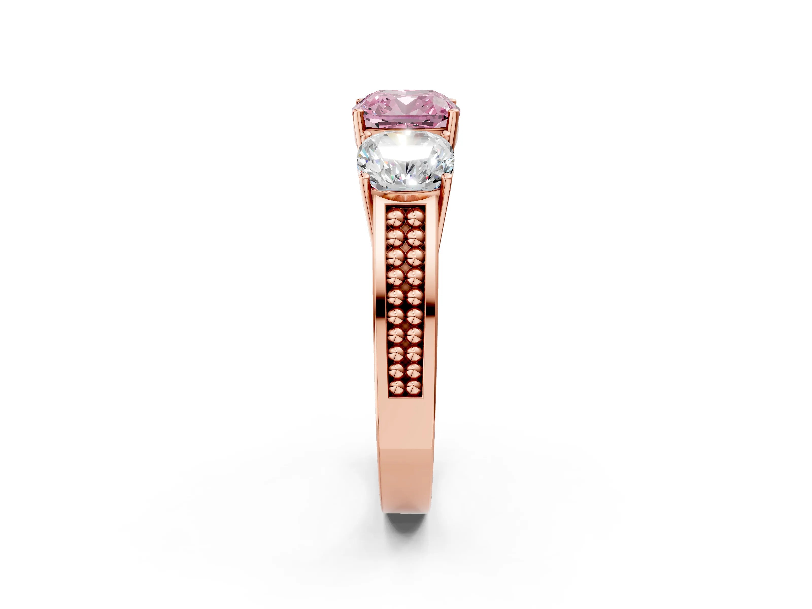 Rose gold Fancy Pink Cushion Cut Diamond Three-Stone Ring with Prong Setting and Textured Band_2