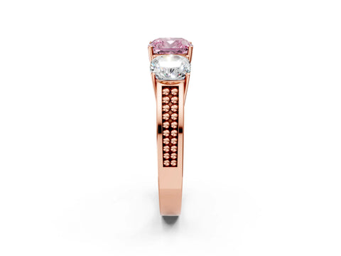 Rose gold Fancy Pink Cushion Cut Diamond Three-Stone Ring with Prong Setting and Textured Band_2