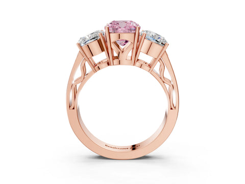 Rose gold Fancy Pink Cushion Cut Diamond Three-Stone Ring with Prong Setting and Textured Band_3