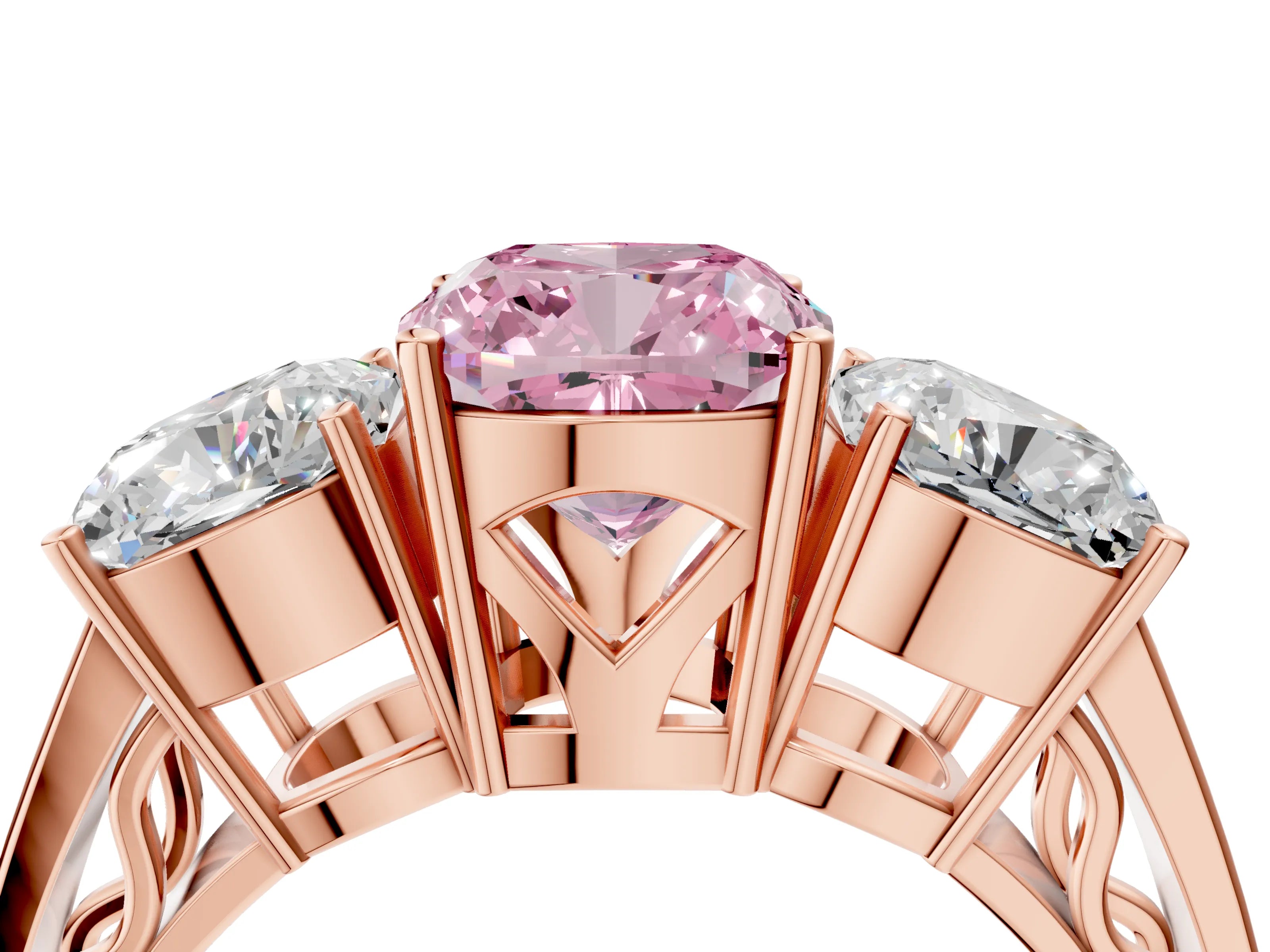 Rose gold Fancy Pink Cushion Cut Diamond Three-Stone Ring with Prong Setting and Textured Band_4