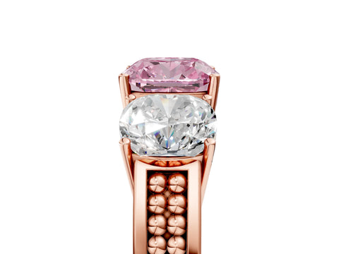 Rose gold Fancy Pink Cushion Cut Diamond Three-Stone Ring with Prong Setting and Textured Band_5