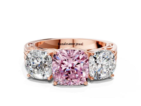 Rose gold Fancy Pink Cushion Cut Diamond Three-Stone Ring with Prong Setting and Textured Band