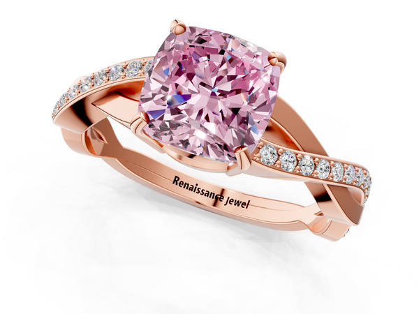 Rose gold Fancy Pink Cushion  Cut Diamond Twisted Band Engagement Ring with Prong Setting