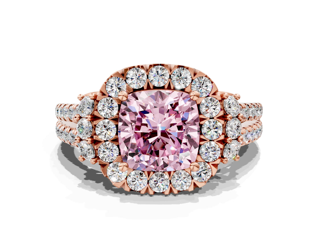 Rose gold Fancy Pink Cushion  Cut Double Halo Diamond Engagement Ring with Pave Band and Four-Prong Setting_25