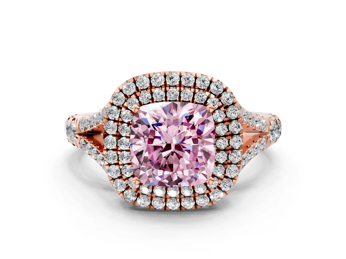Rose gold Fancy Pink Cushion  Cut Double Halo Split Shank Diamond Ring with Prong Setting_48