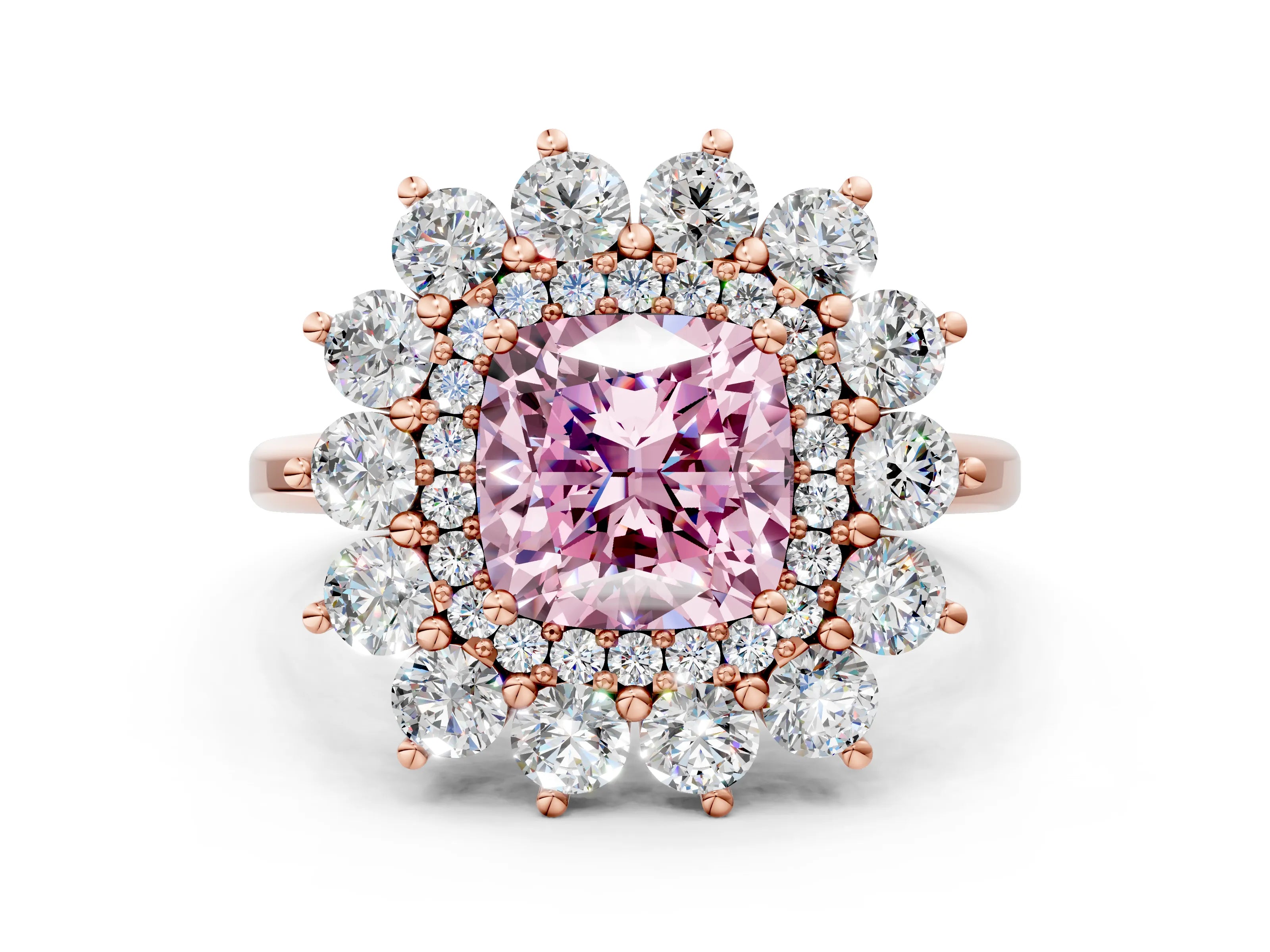 Rose gold Fancy Pink Cushion Cut Halo Cluster Diamond Ring with Pave Band and Four-Prong Setting