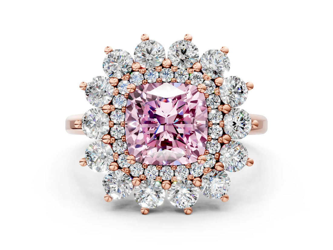 Rose gold Fancy Pink Cushion Cut Halo Cluster Diamond Ring with Pave Band and Four-Prong Setting_12