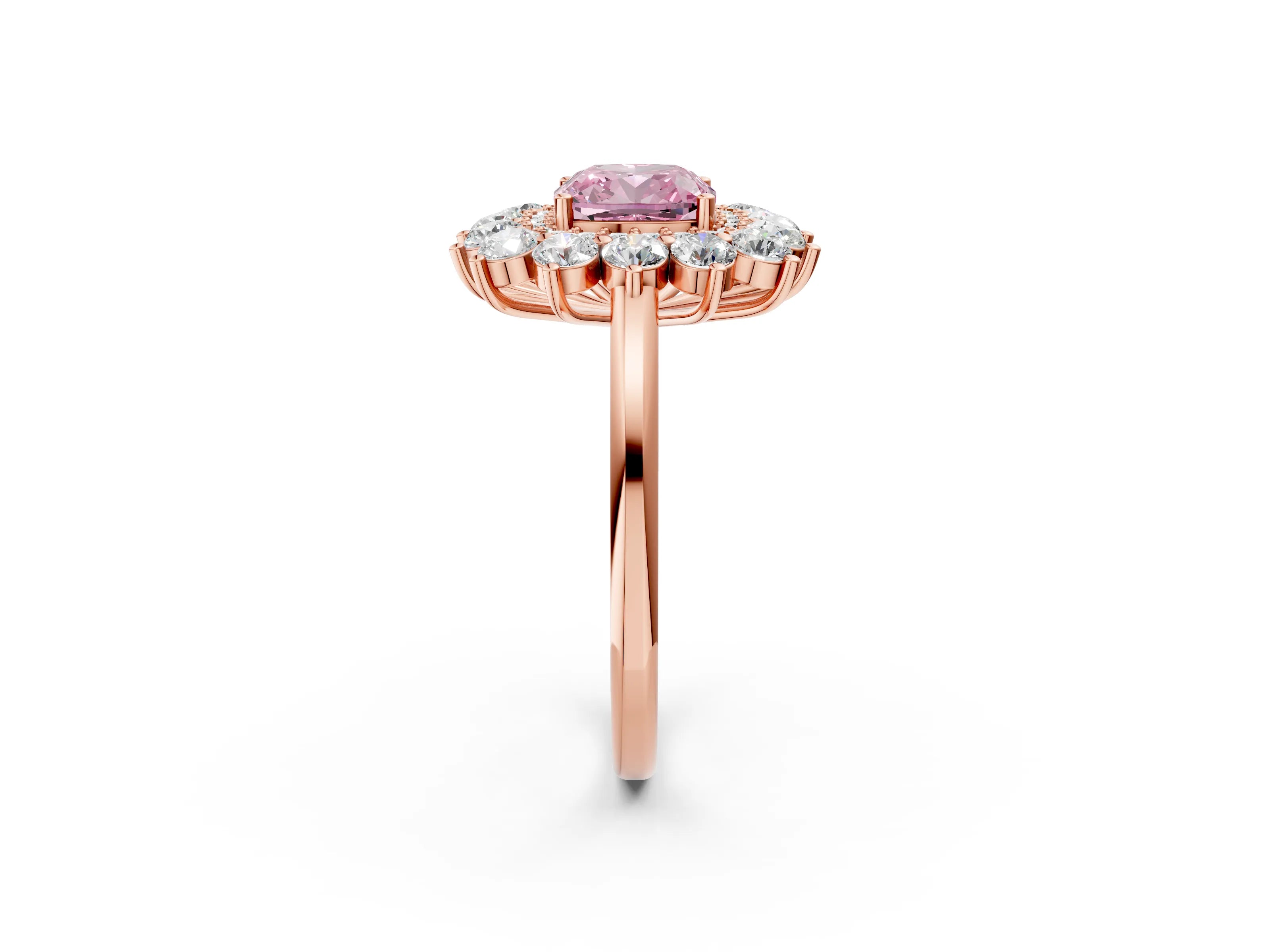 Rose gold Fancy Pink Cushion Cut Halo Cluster Diamond Ring with Pave Band and Four-Prong Setting_14