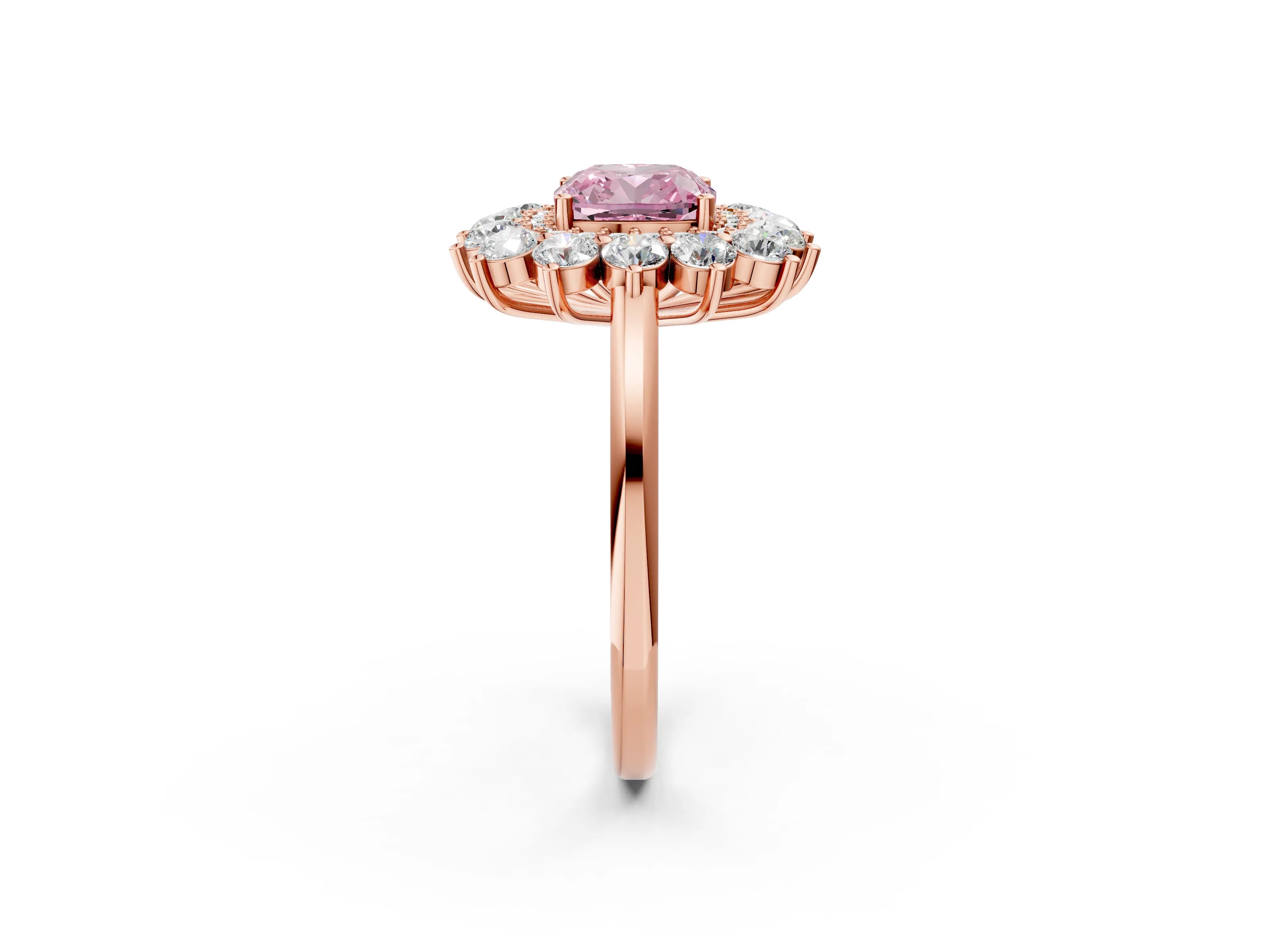 Rose gold Fancy Pink Cushion Cut Halo Cluster Diamond Ring with Pave Band and Four-Prong Setting_2
