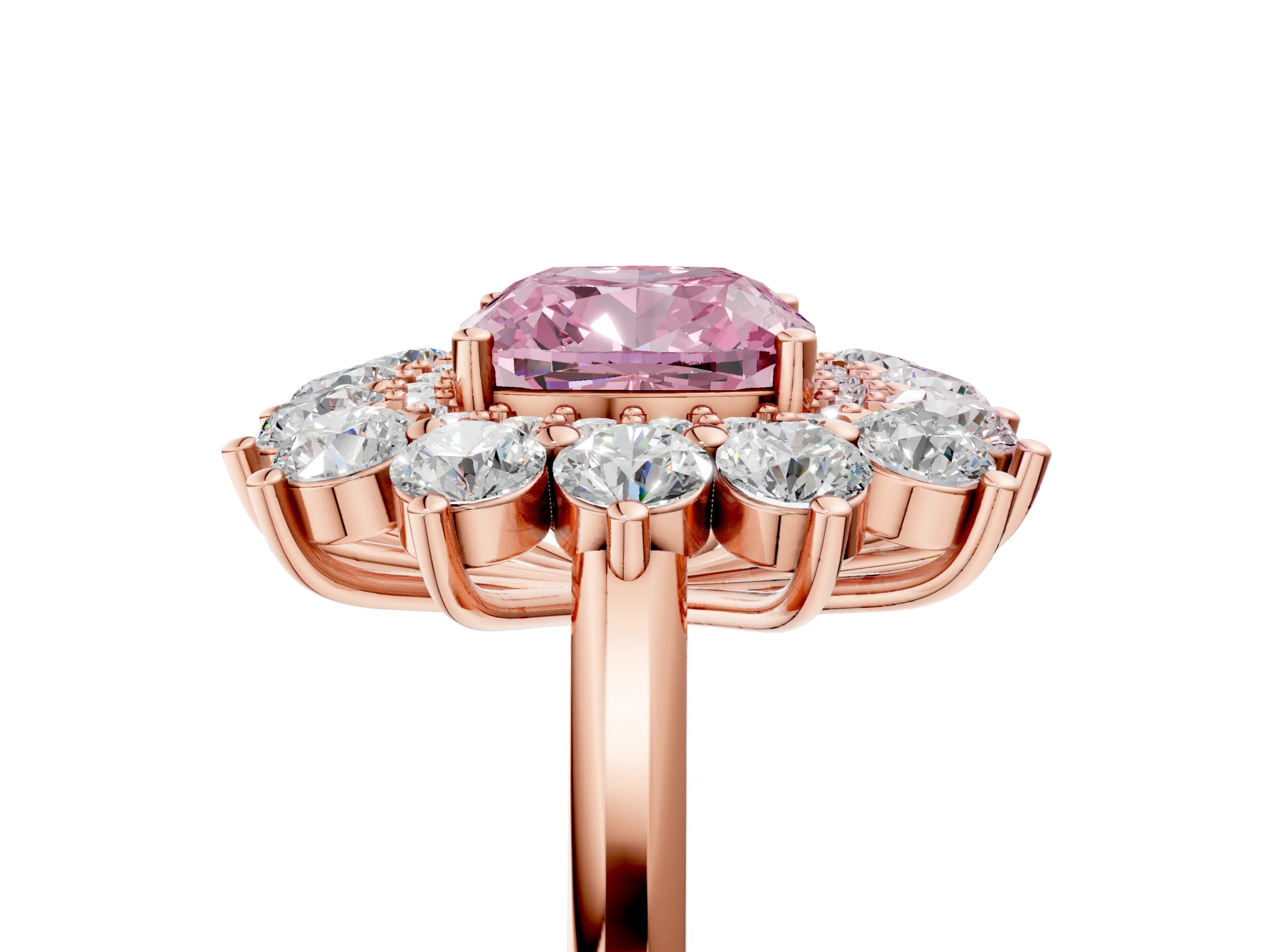 Rose gold Fancy Pink Cushion Cut Halo Cluster Diamond Ring with Pave Band and Four-Prong Setting_5