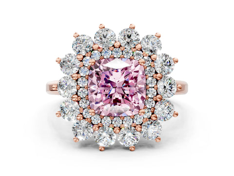 Rose gold Fancy Pink Cushion Cut Halo Cluster Diamond Ring with Pave Band and Four-Prong Setting