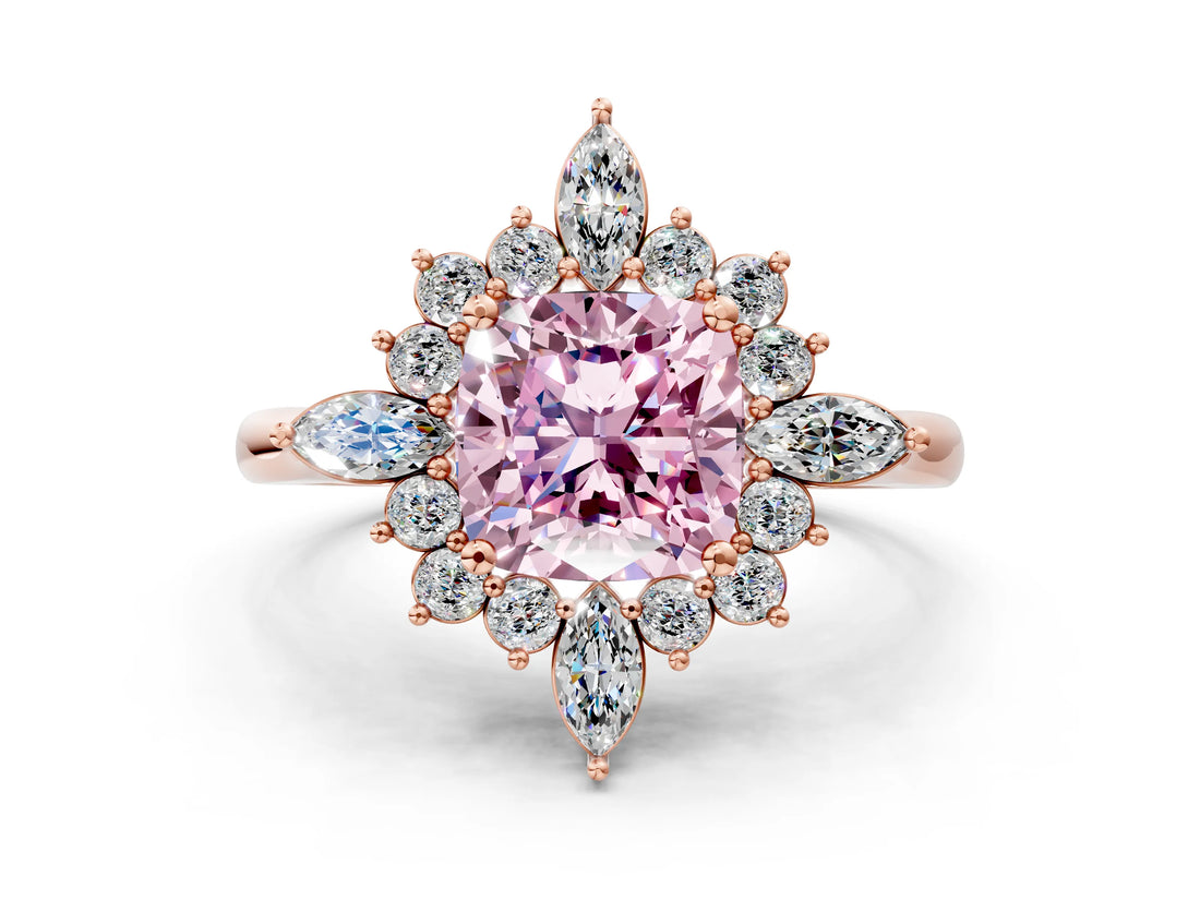 Rose gold Fancy Pink Cushion Cut Halo Diamond Cluster Ring with Marquise and Round Stones on a White Gold Band with Prong Setting