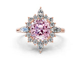 Rose gold Fancy Pink Cushion Cut Halo Diamond Cluster Ring with Marquise and Round Stones on a White Gold Band with Prong Setting