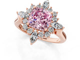 Rose gold Fancy Pink Cushion Cut Halo Diamond Cluster Ring with Marquise and Round Stones on a White Gold Band with Prong Setting_1