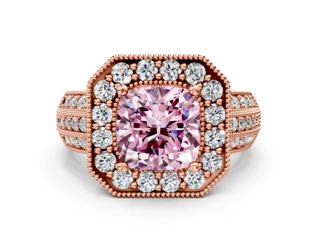 Rose gold Fancy Pink Cushion Cut Halo Diamond Engagement Ring with Pave Split Shank and Four-Prong Setting_12