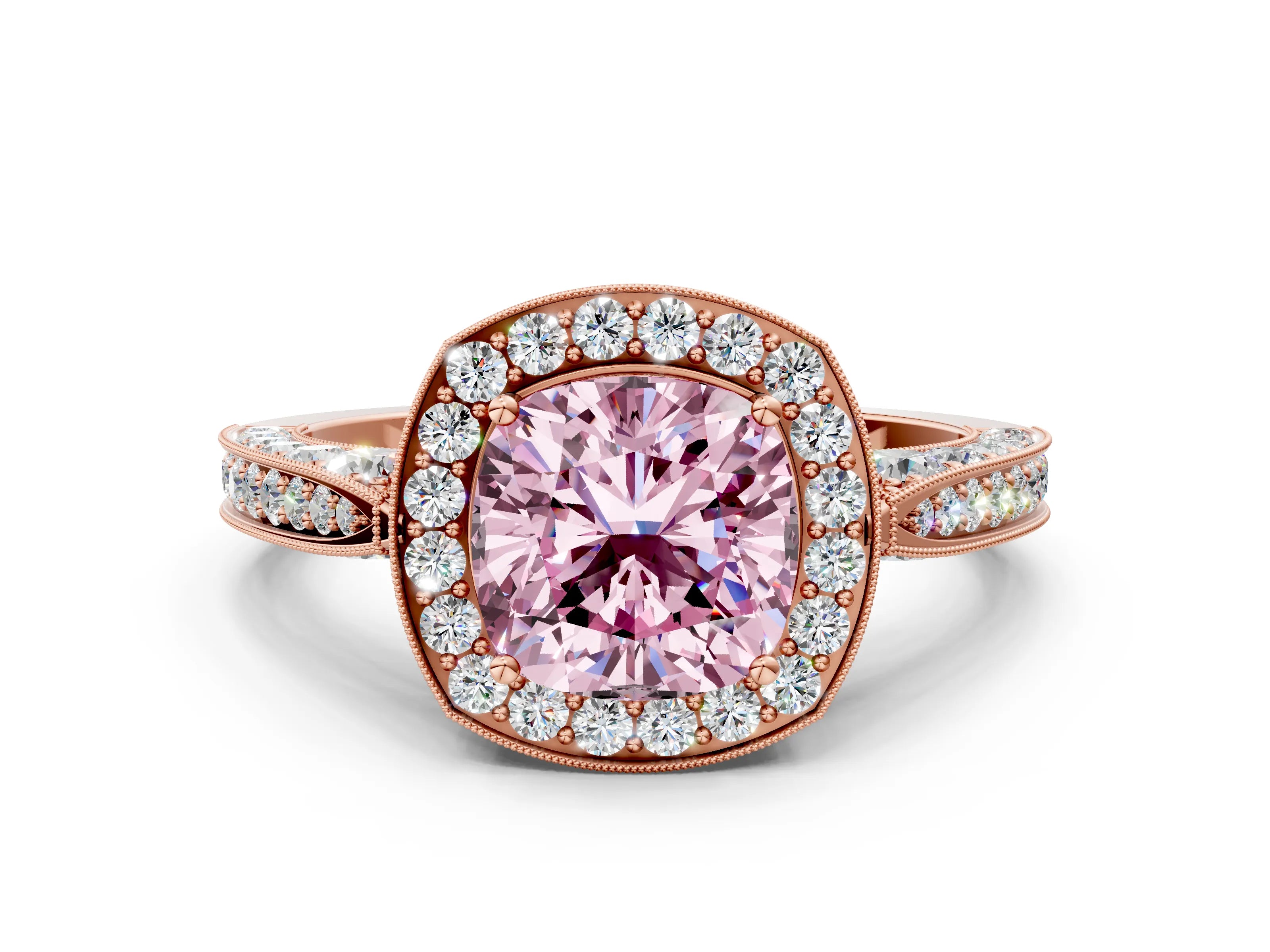 Rose gold Fancy Pink Cushion Cut Halo Diamond Engagement Ring with Split Shank Band and Four-Prong Setting
