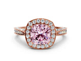 Rose gold Fancy Pink Cushion Cut Halo Diamond Engagement Ring with Split Shank Band and Four-Prong Setting