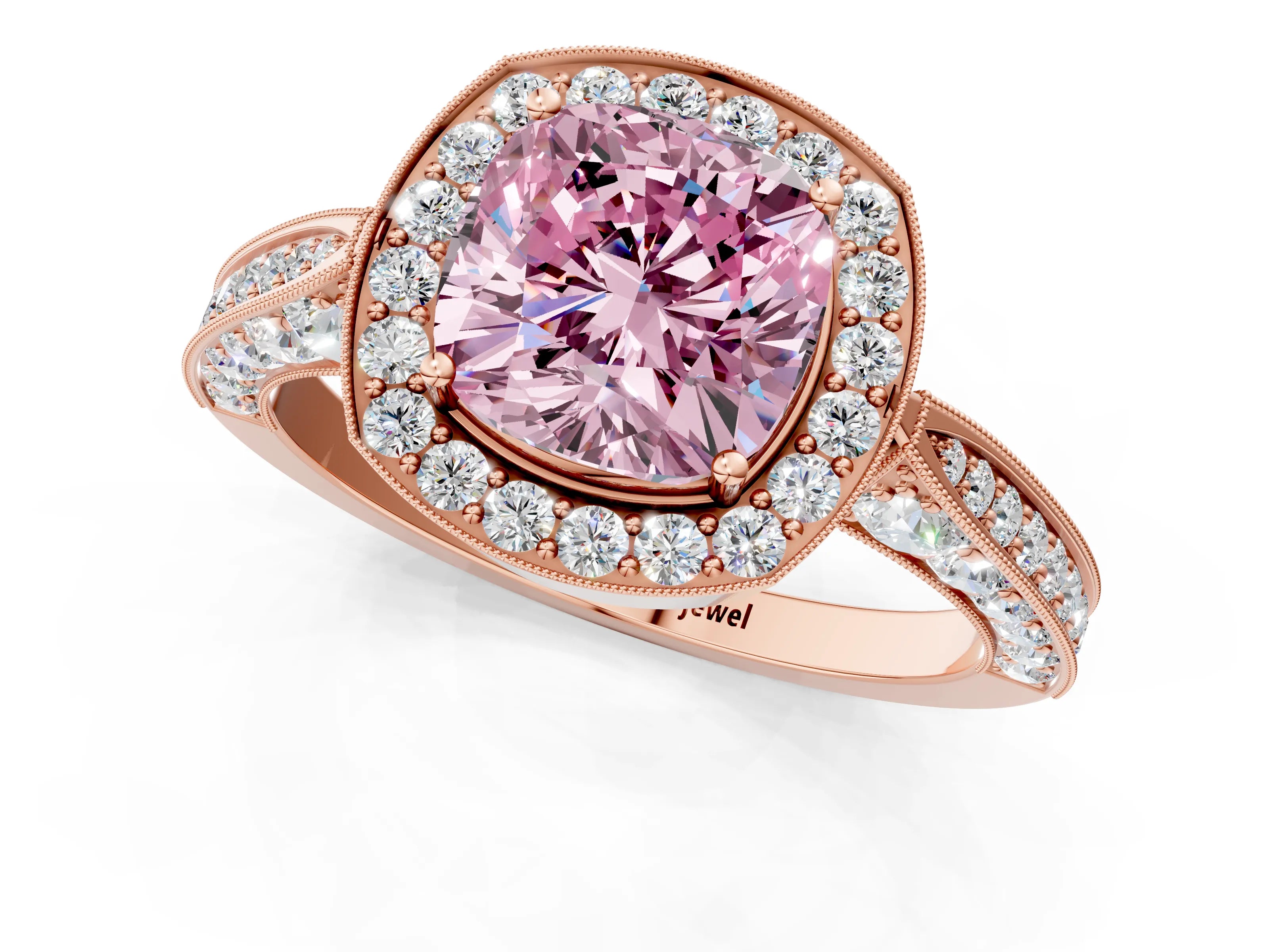 Rose gold Fancy Pink Cushion Cut Halo Diamond Engagement Ring with Split Shank Band and Four-Prong Setting_1