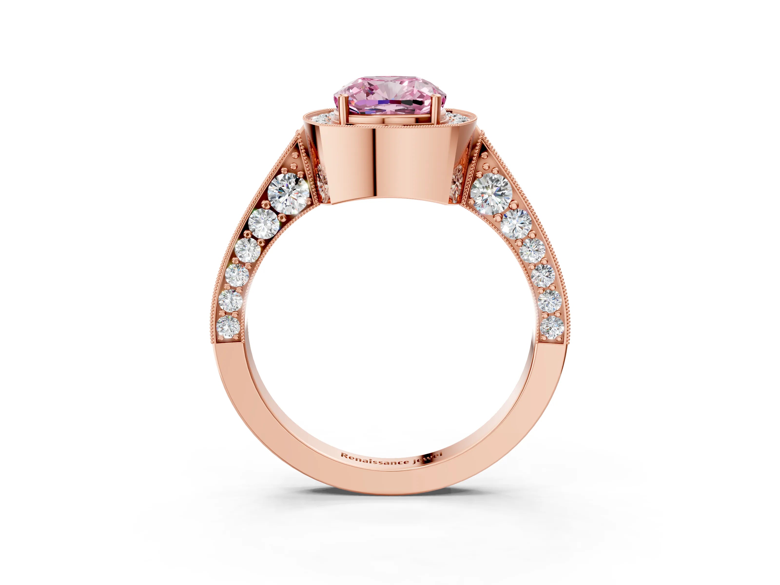 Rose gold Fancy Pink Cushion Cut Halo Diamond Engagement Ring with Split Shank Band and Four-Prong Setting_3