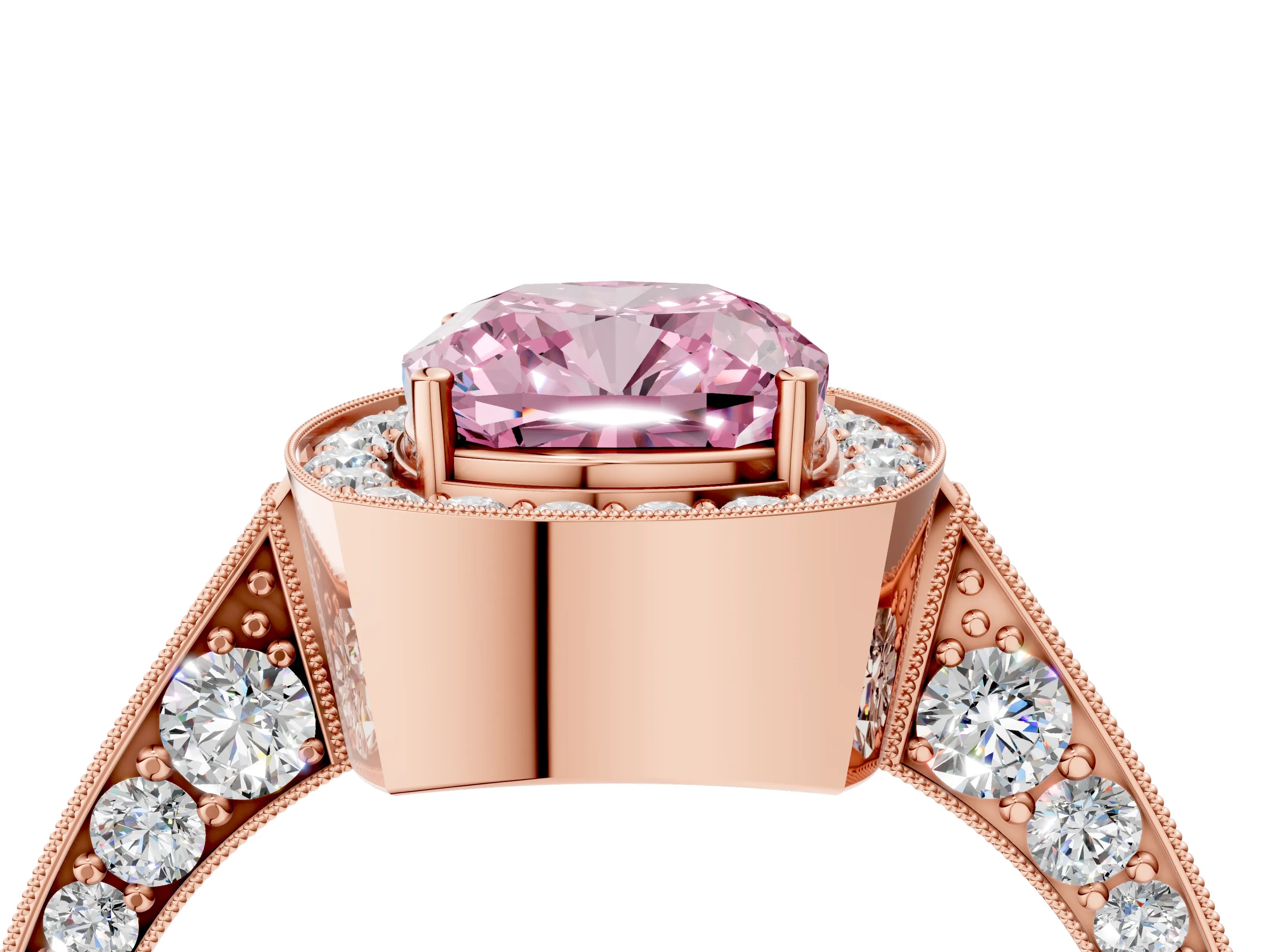 Rose gold Fancy Pink Cushion Cut Halo Diamond Engagement Ring with Split Shank Band and Four-Prong Setting_4