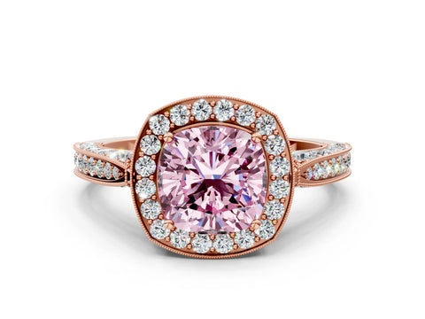 Rose gold Fancy Pink Cushion Cut Halo Diamond Engagement Ring with Split Shank Band and Four-Prong Setting