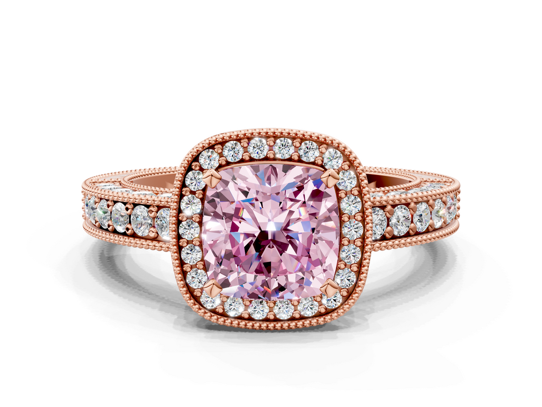 Rose gold Fancy Pink Cushion  Cut Halo Diamond Pave Band Ring with Four-Prong Setting_44