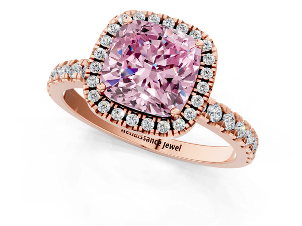 Rose gold Fancy Pink Cushion Cut Halo Diamond Pave Band with Prong Setting