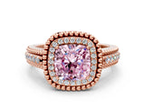 Rose gold Fancy Pink Cushion Cut Halo Diamond Ring with Beaded Split Shank and Four-Prong Setting