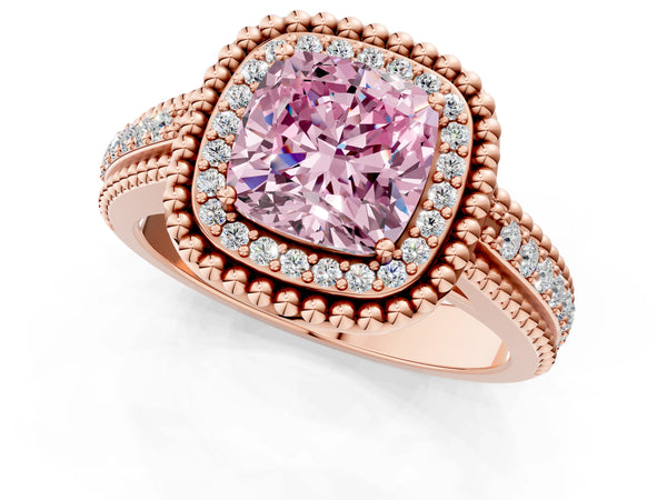 Rose Gold Cushion Cut Beaded Halo Engagement Ring Setting for Fancy Pink Center with Pave