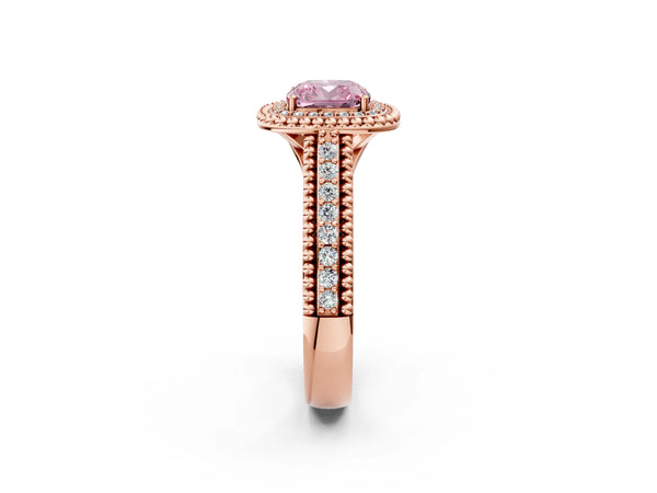 Rose Gold Cushion Cut Beaded Halo Engagement Ring Setting for Fancy Pink Center with Pave